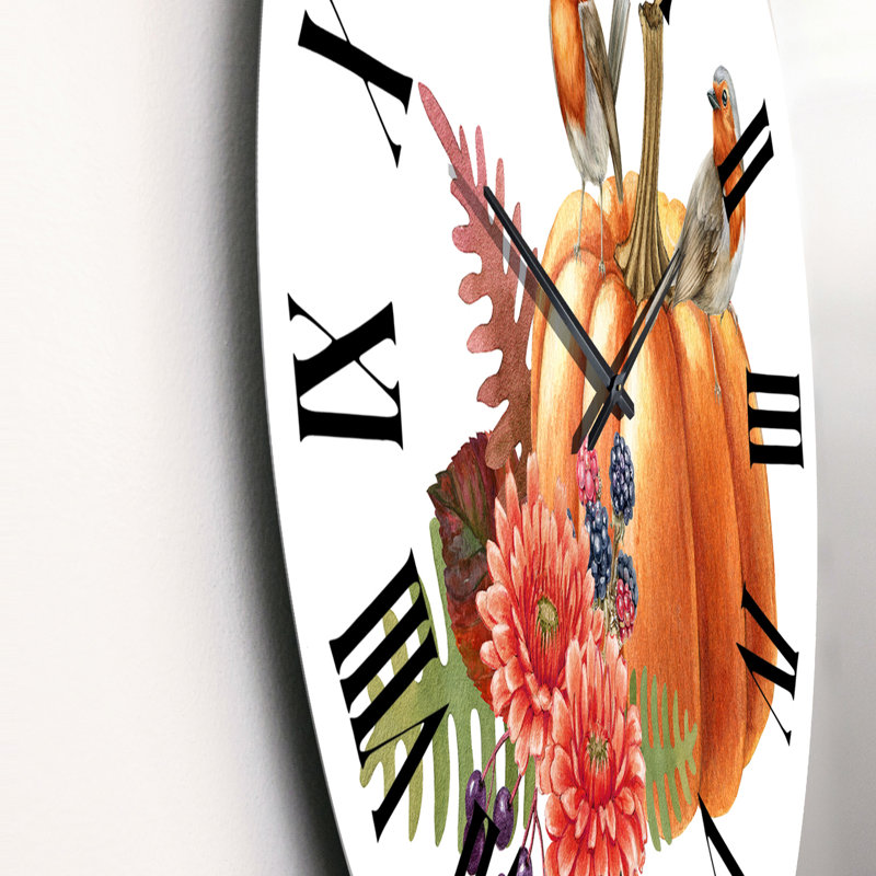 Arrangement d'automne citrouille avec oiseaux - horloge murale décontractée, Petit