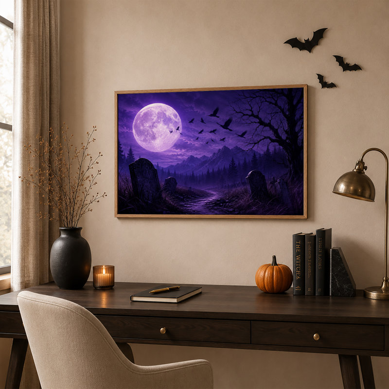 Lune violette et corbeaux volants au-dessus d'un chemin de cimetière - Toile murale d'Halloween, H 32 po x l 48 po