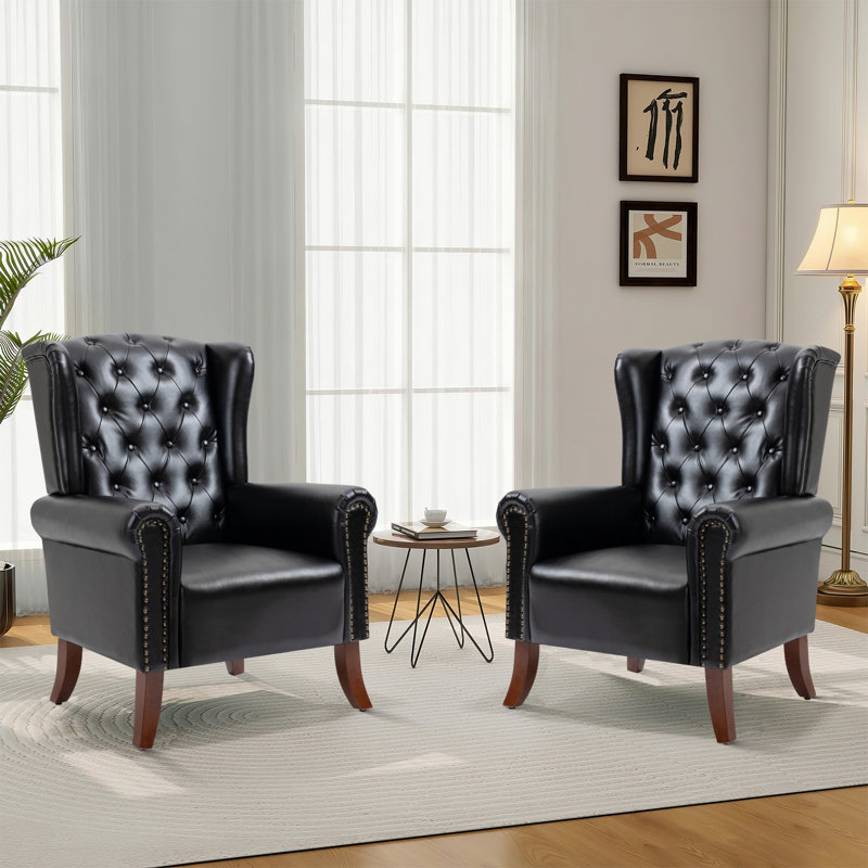31.5" Wide Faux Leather Wingback Chair, Black Faux Leather