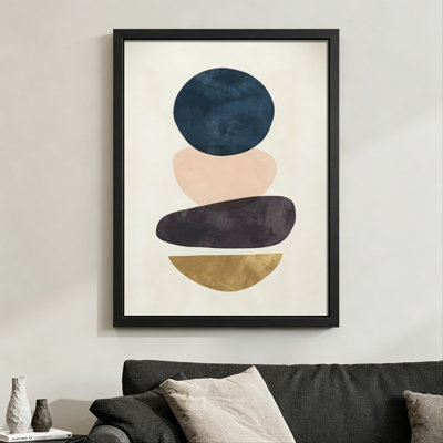 Des formes abstraites modernes et abstraites empilées verticalement, avec des couleurs et des textures douces, un style d'art moderne minimaliste. Toile encadrée 24 "x 36" avec cadre en bois noir