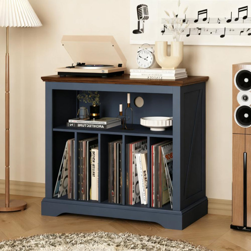 Large Farmhouse Record Player Stand With Vinyl Storage, Turntable Cabinet, Blue