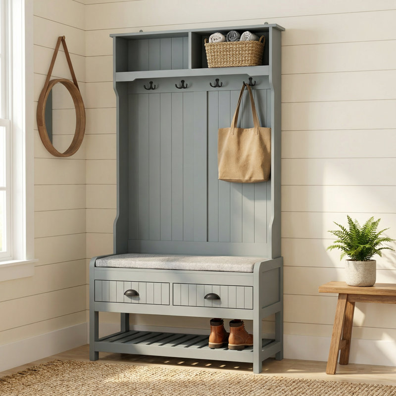 Hall Tree 34.3'' Wide with Bench and Shoe Storage, Gray