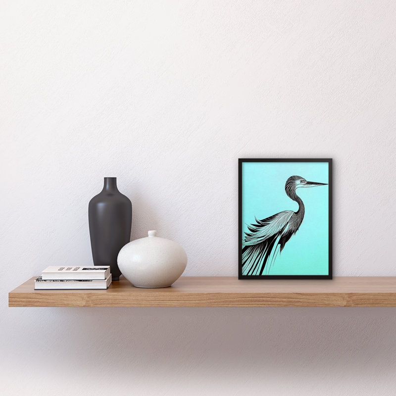 Heron Pen Ink Black On Baby Blue - Single Picture Frame Print