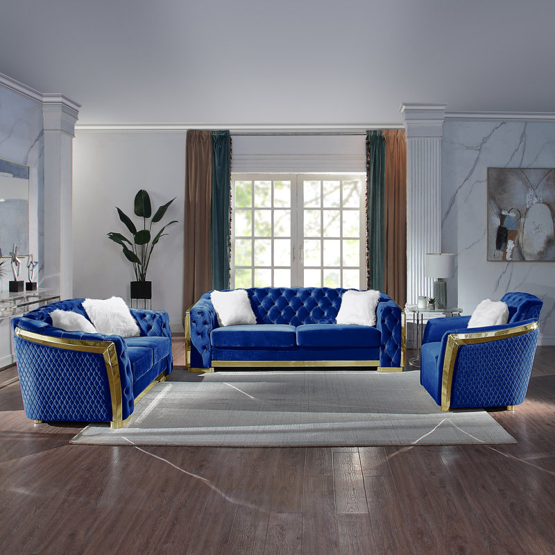 Fauteuil rembourré, Or, Velours bleu