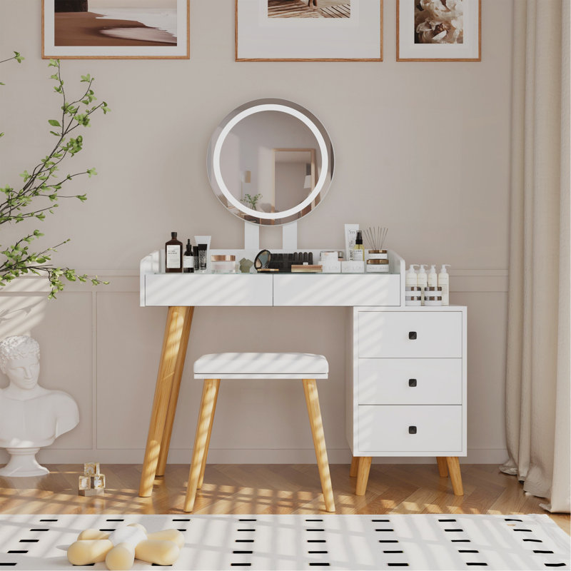Dressing Table With LED Lights Glass Top Dressing Table With Extendable Side Table 5 Drawers Dressing Table With Mirror And Stool For Bedroom