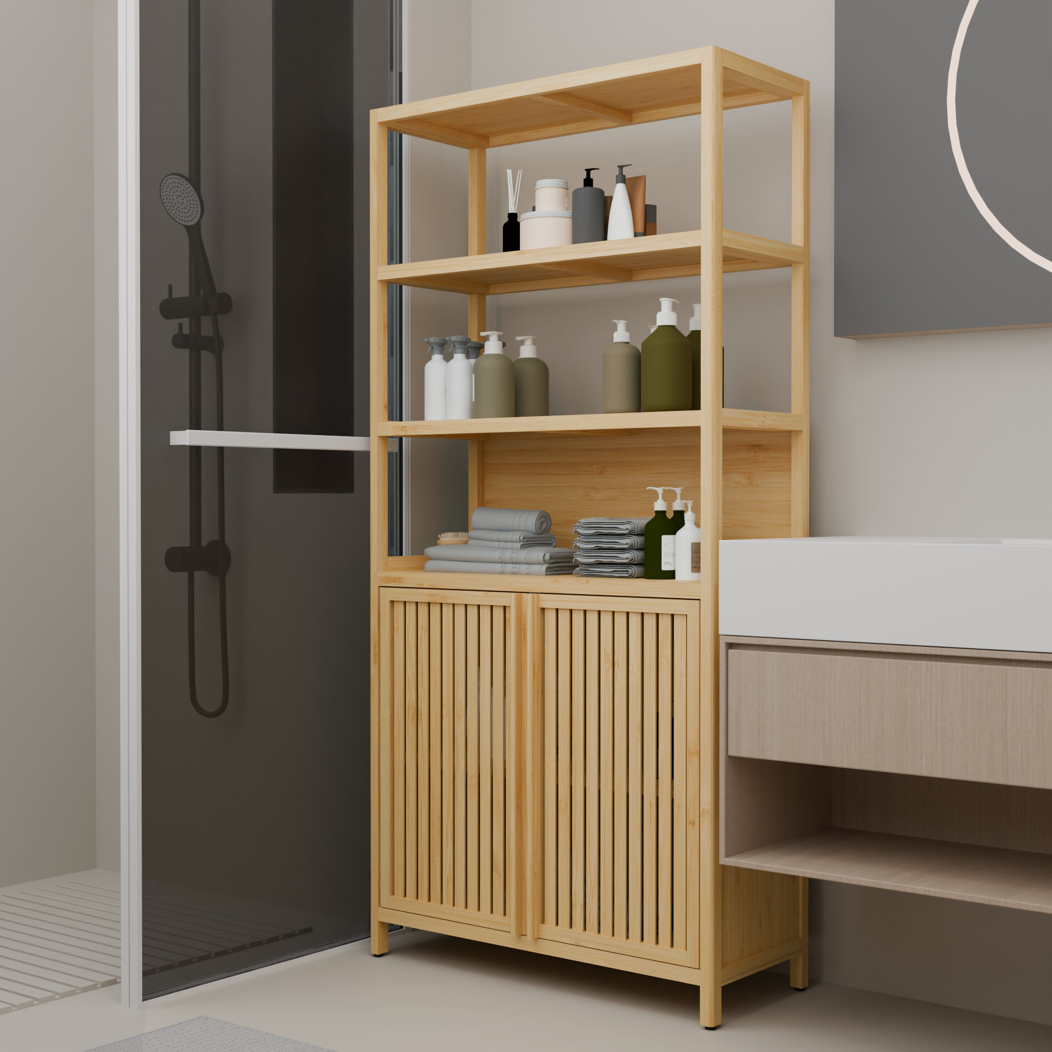 Latitude Run® Natural Bamboo Double-Door Storage Rack For Multiple ...