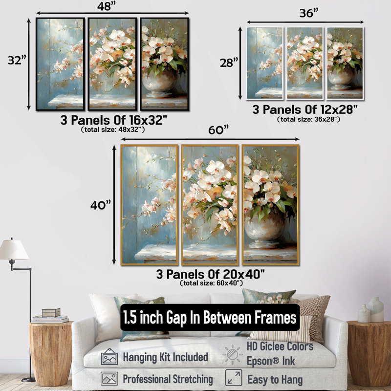 Harmony orchidées fleurs II - art mural orchidée - ensemble de 3, H 28 po x l 36 po, Noir