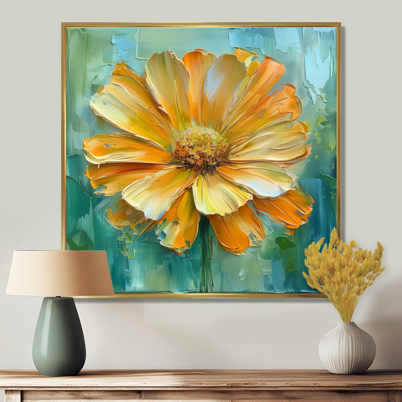Jaune jaune fleuri souci fleur II - souci mural art salon, Cadre flottant doré, H 16 po x l 16 po