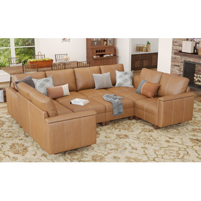 Oversized Faux Leather Sectional Couches for Living Room, Modular Convertible 10-Seat U-Shaped Sofa with Storage & Ottoman, 145 inch Width