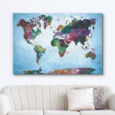 World Map Watercolor Multicolor Style Blue Background On Oversized Canvas Print Wall Art