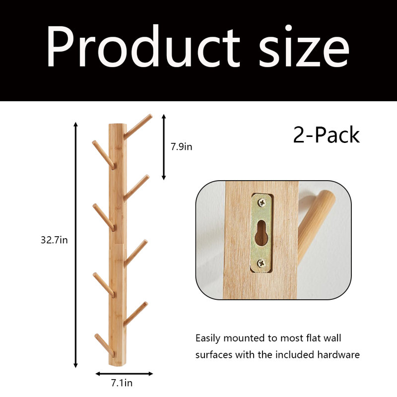 Ensemble de 2 portemanteaux muraux verticaux en bambou, Naturel
