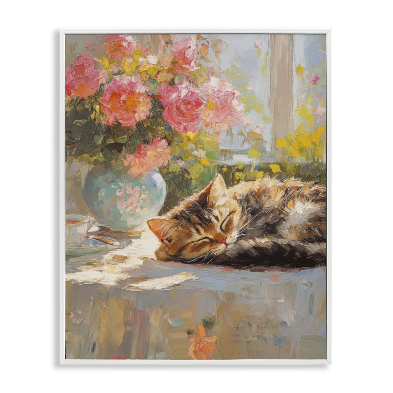 Chaton endormi et vase à fleurs, estampe numérique, design par Nini Art, H 20 po x l 16 po