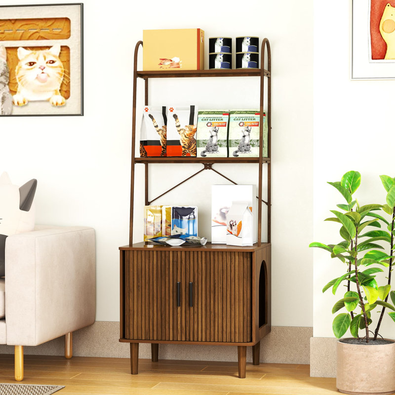 Enceinte de litière pour chat de 57,59 po de hauteur, armoire à litière cachée avec porte coulissante et tablettes, mobilier pour chat moderne