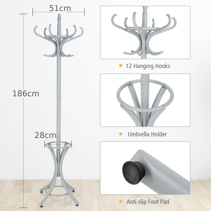 Solid Wood Freestanding 12 - Hook Coat Rack, Grey