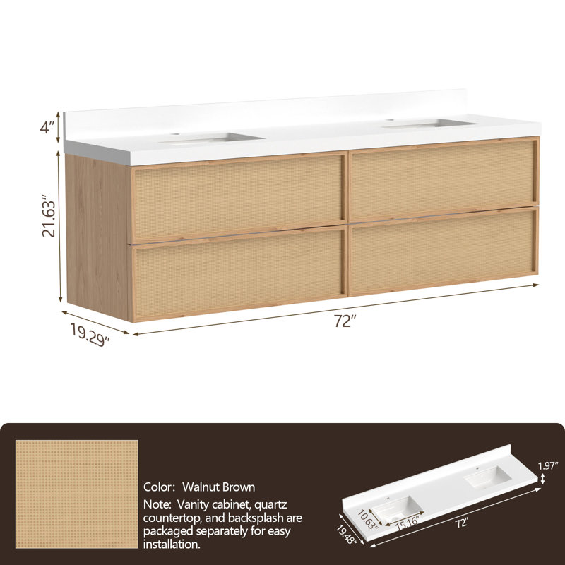 Meuble-lavabo double suspendu de 72 pouces avec comptoir en quartz blanc et deux lavabos encastrés en céramique, 72" W