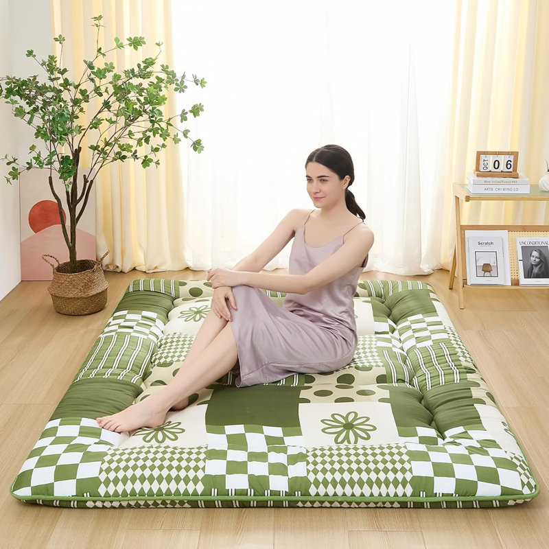 Japanese Floor Mattress, Japanese Futon Mattress Foldable Mattress, Roll Up Mattress Tatami Mat With Washable Cover, Easy To Store And Portable For Camping,(Green Checkerboard,Twin)