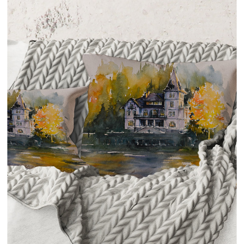 Rectangle, château au bord du lac avec arbres d'automne - coussin décoratif imprimé Lake House