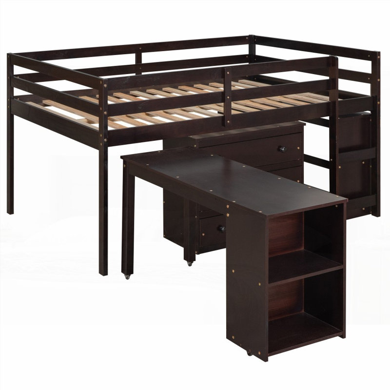Structure de lit double avec armoire, tablettes et amp; Bureau roulant - Aucun sommier requis, soutien solide, Espresso