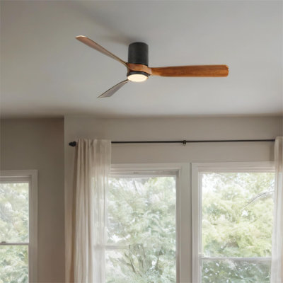 Ventilateur de plafond encastré noir mat intérieur / extérieur 60 po à DEL avec pales en bois, télécommande CC 6 vitesses
