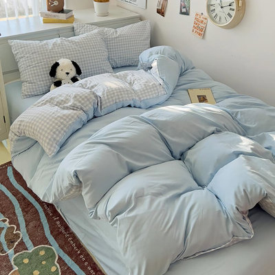 Light Blue Gingham Duvet Cover Set Bedding Set Simple Grid Geometric Pattern Comforter Cover Soft Microfiber Plaid Bedding Set