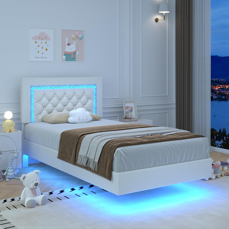 Cadre de lit flottant Alber avec lumières DEL, lit plateforme tapissier avec tête de lit capitonnée à motif de losanges, aucun sommier tapissier requis, silencieux, assemblage facile
