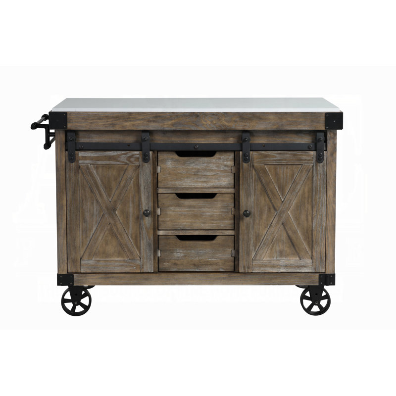 Weathered Gray Pine Kitchen Island with Marble Top