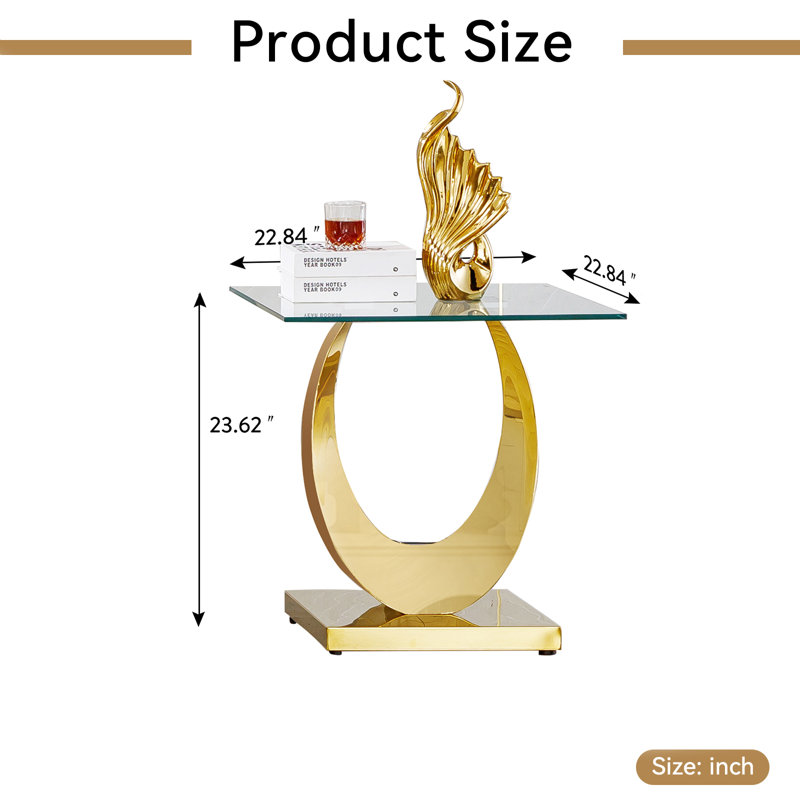 Luxury Square End Table, 22.8" Sofa Side Table with Moon-Shape Stainless Steel Frame and Clear Glass Top, Cocktail Tea Table, Modern Glass End Table for Home Office