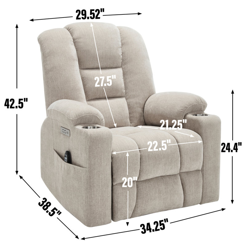 Power Lift Recliner Chair With Massage And Heat For Elderly, Overstuffed Wide Recliners, Heavy Duty Motion Mechanism With USB And Type C Ports, 2 Steel Cup Holders