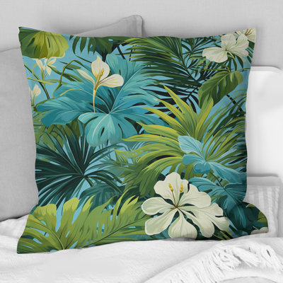 Azure And Green Canopy Tropical Pattern III - Floral Polyester Throw Pillow
