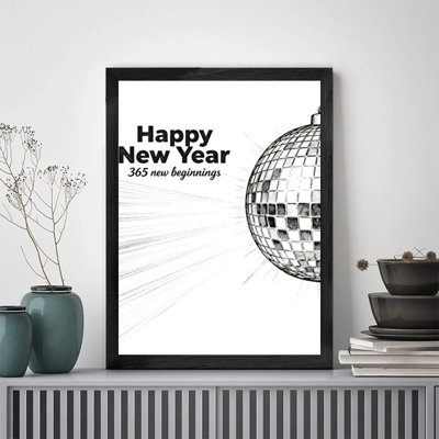 Black Framed Happy New Year Disco Wall Art Vintage Festive Bold Trendy Frame Print
