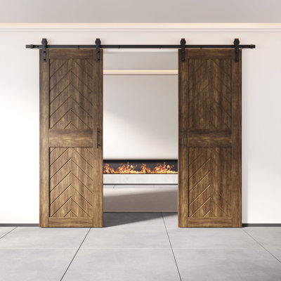 Homacer Dark Walnut 26 in. x 84 in. Finished & Unassembled 4-IN-1 Fishbone Design Two Barn Door with Non-Bypass Installation Hardware Kit, 9ft track, interior use only