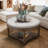 Large round ottoman coffee table in light grey, 2-tier design with button tufted top & wood storage shelf