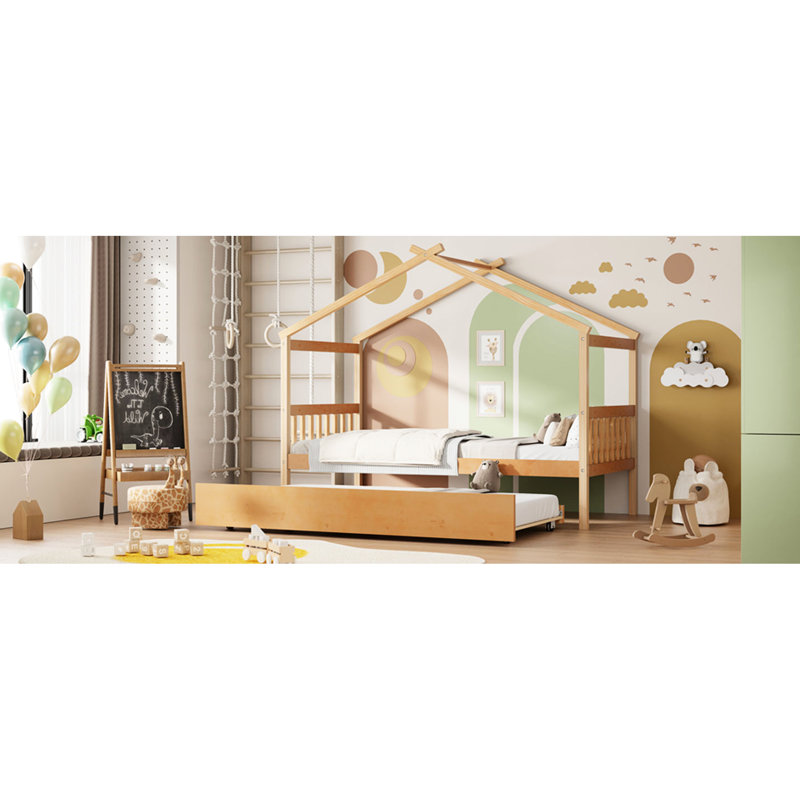 Lit simple avec lit gigogne, pin de haute qualité, conception classique, têtes de lit confortables, spacieuses pour les soirées pyjama, convient pour 6 personnes et plus, finition naturelle, fabrication en pin de 80,5 po de long