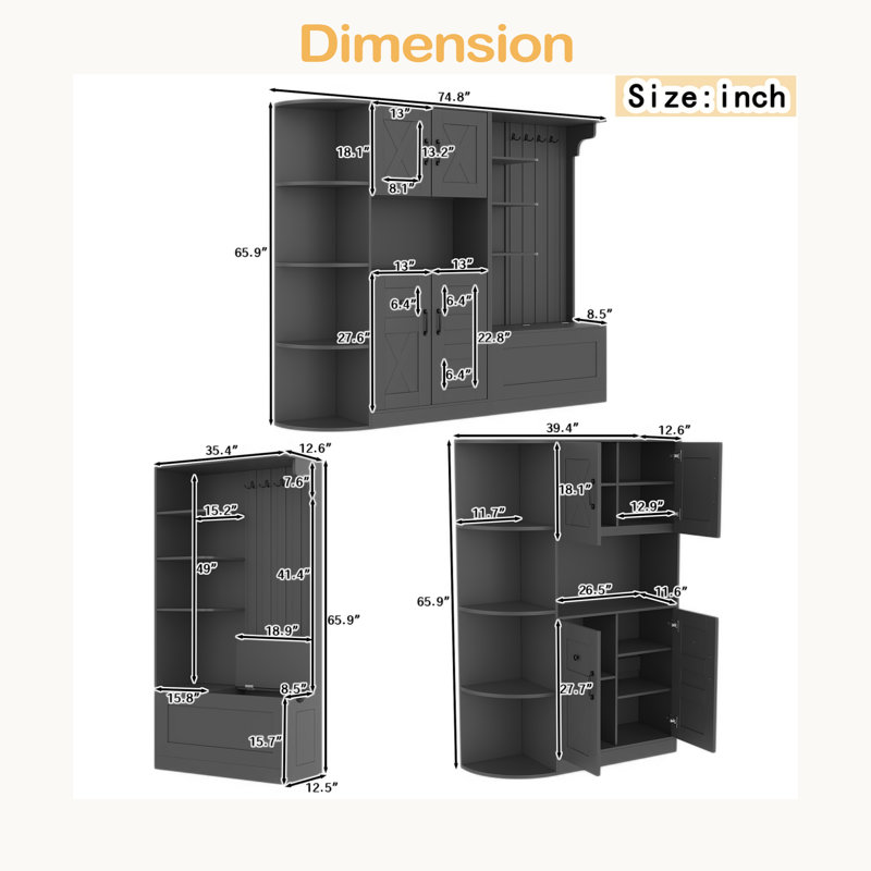 Multifunctional Left-Right Combination Hall Cabinet (Can Be Used Separately) With Storage And 4 Hooks, Storage Cabinet/ Hall Tree 2 In 1 For Living Room