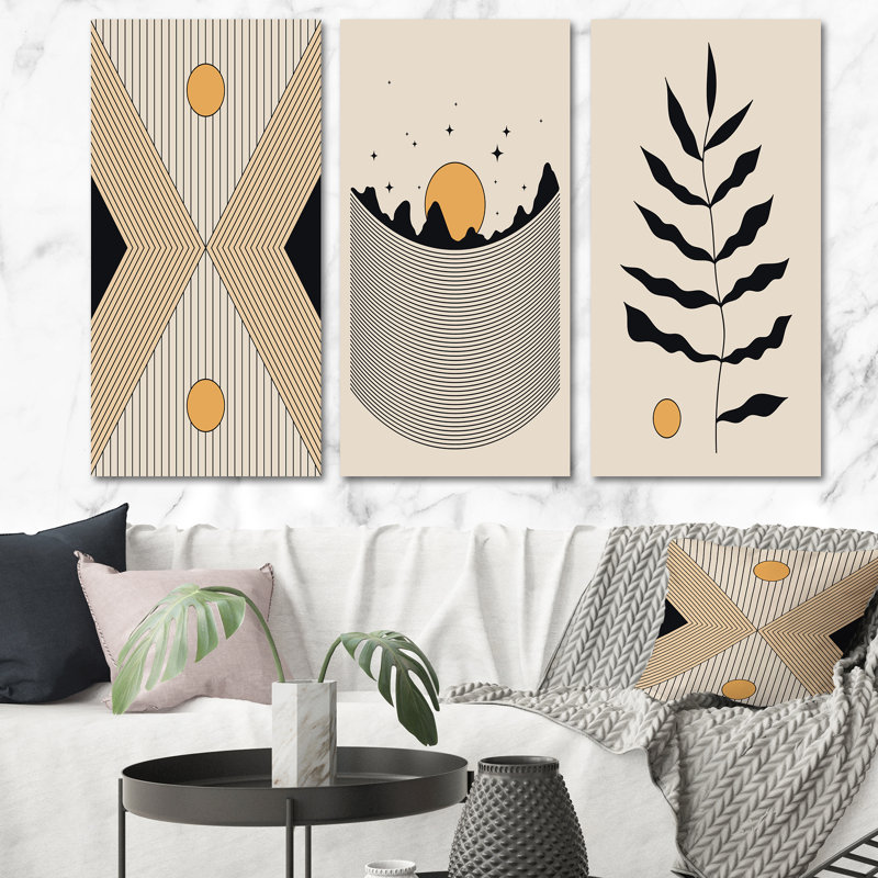 Boho Golden Sun, paysage monochrone III - ensemble d'art moderne Mid-Century de 3 pièces, H 40 po x l 60 po