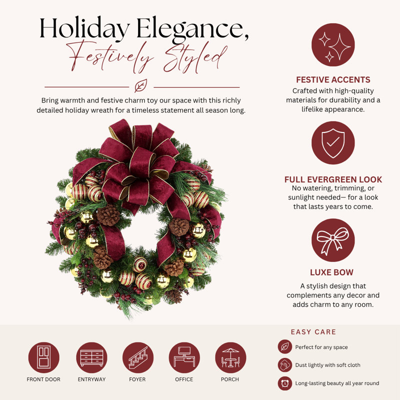 Festive Burgundy And Gold Holiday Wreath