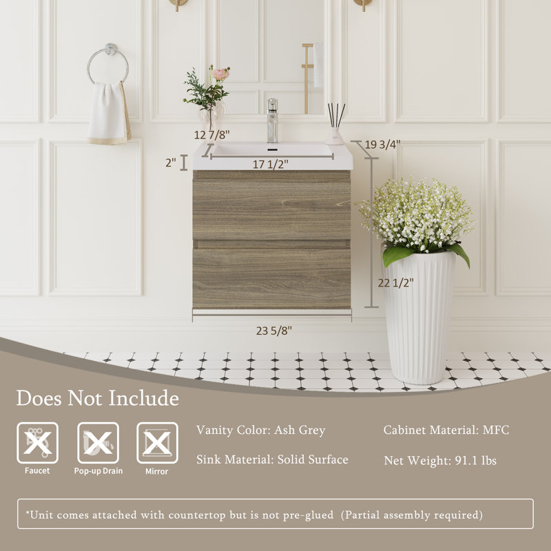 Petit meuble-lavabo mural de 24 po avec lavabo, armoire de rangement murale à simple cuve, surface solide, 2 tiroirs à fermeture en douceur, entièrement assemblé, gris cendré
