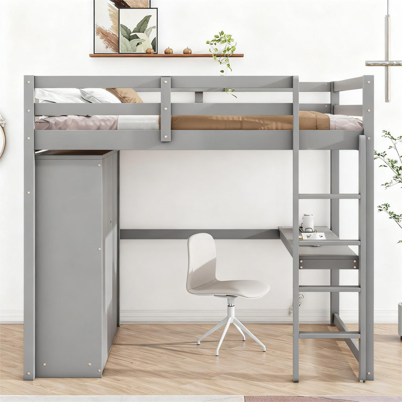 Full Size Wood Loft Bed with Built-in Wardrobe, Long Desk, Storage Shelves & 3 Drawers—Space-Saving Loft Frame with Guardrails and Ladder