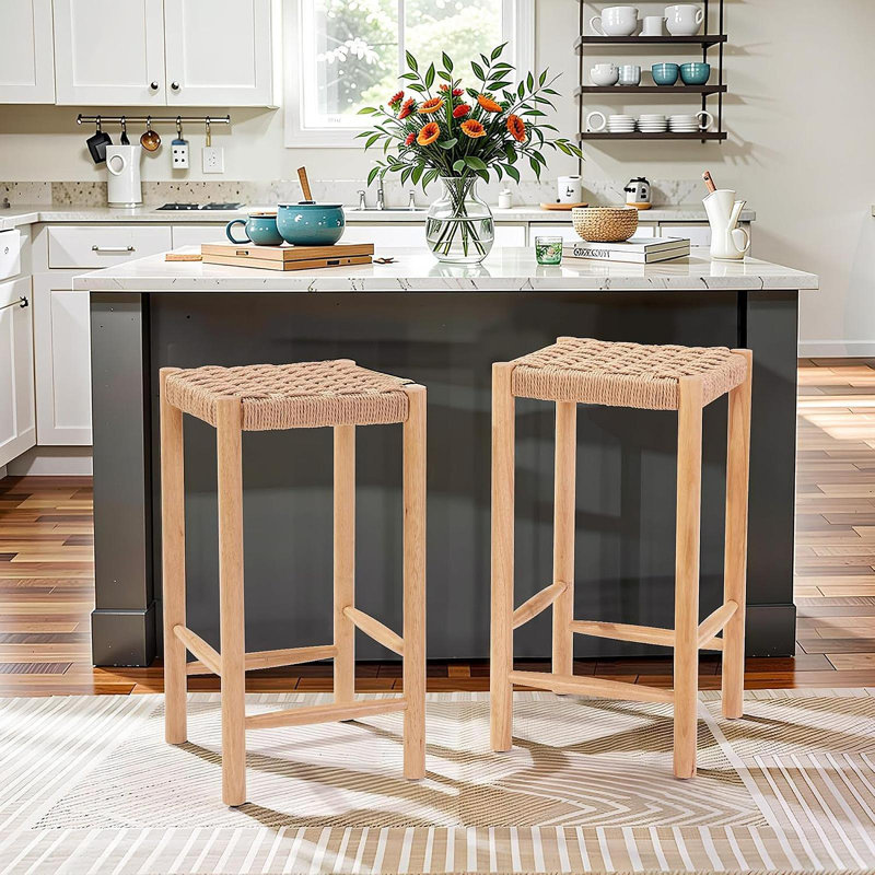 Paquet de 2 tabourets de bar industriels de 26,4 po de hauteur - sièges en corde de papier kraft, pieds et pieds réglables en bois d'hévéa, capacité de 250 lb, tabourets à hauteur de comptoir pour îlot de cuisine