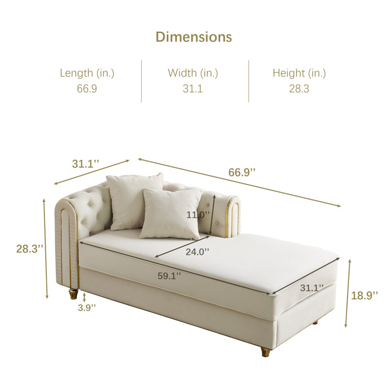 Chaise longue en velours capitonnée avec coussins de siège amovibles et deux coussins, Beige
