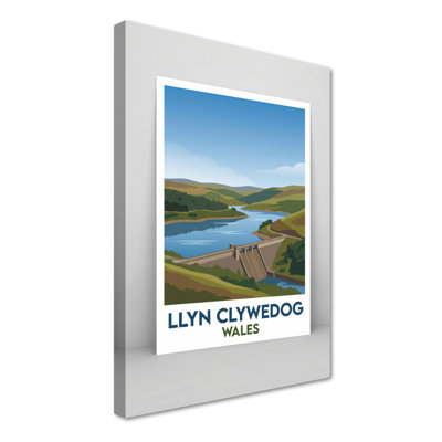 Llyn Clywedog, Wales - Romantic Travel Poster Of Reservoir, Dam And Welsh Hills. Giclee Print On Wrapped Canvas. Wall Art, Home Decor - Natural Landmarks, Wales - Wrapped Canvas Print