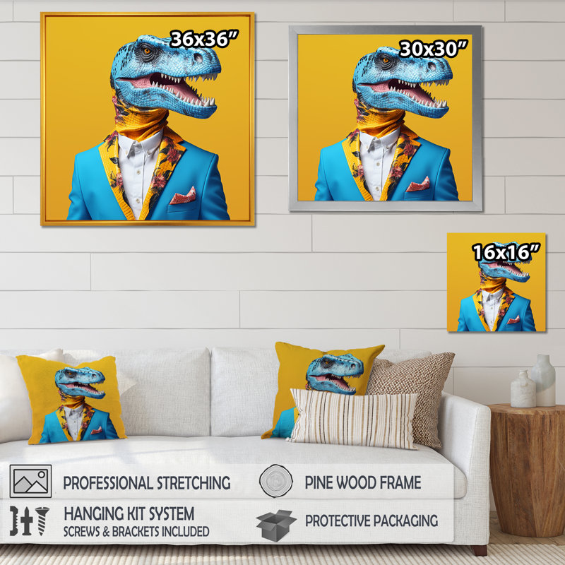Dinosaure bleu et jaune en costume - art de mur de dinosaure, H 30 po x l 30 po x P 1,5 po, Cadre flottant brun