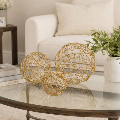 CosmoLiving by Cosmopolitan Gold Metal Geometric Wire Orb Decorative Sculpture, Set of 3 8", 6", 4"D