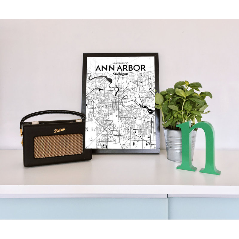 «Ann Arbor City Map», reproduction d'impression à l'encre / blanc, H 36 po x l 24 po