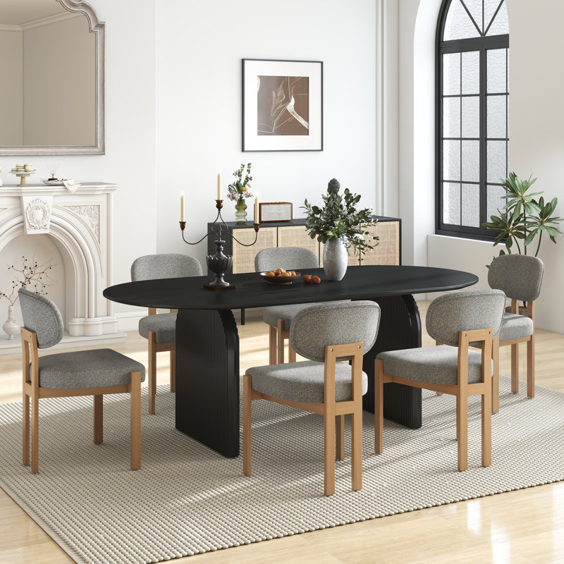 Mid Century Wooden Oval Pedestal Dining Table Sets, 7 Pieces: Table, 6 Chairs, Black, Gray