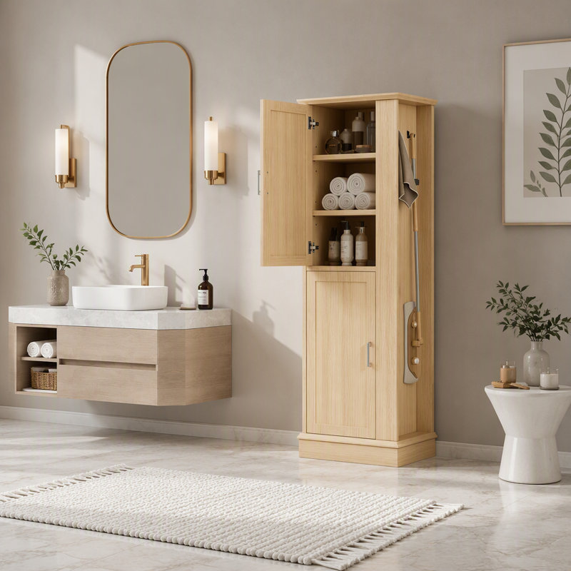 Armoire de rangement autoportante de 68 po de hauteur pour salle de bain, armoire de rangement en panneau de fibres à densité moyenne avec crochets latéraux et tablettes réglables, armoire de rangement pour salle de bain, salle de lavage