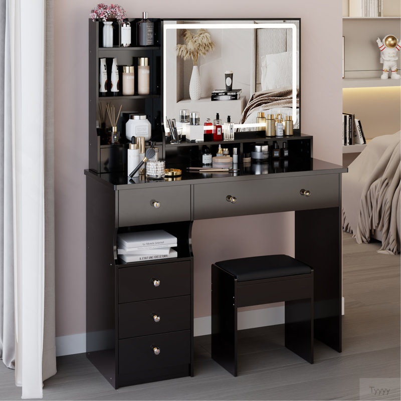 41" Large Sized Desktop Vanity Table + Cushioned Stool, Oversized Desktop, Large Touch Control LED Mirror, 3-Color Switch, Multi Layer High Capacity Storage Fashion Dresser, EPA, GCC, UL Certificate