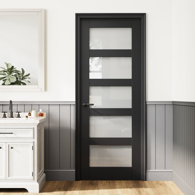 28" x 80" Frosted Glass French Door Slab, 5-Lite Privacy Glass Black Interior Door, Door Panel w/o Borehole or Hinges, as Barn Door or Prehung Door or Pocket Door or French Door Slab for Pantry Door, Laundry Door, Bedroom Door