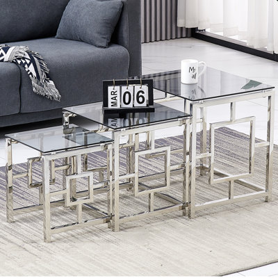 3- Piece Stainless Steel Nest Of Tables With Tempered Glass Top For Living Room(Grid)