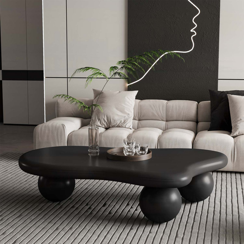 Table basse en forme de nuage avec 3 pieds sphériques, courbes élégantes pour les salons modernes, Noir, Noir